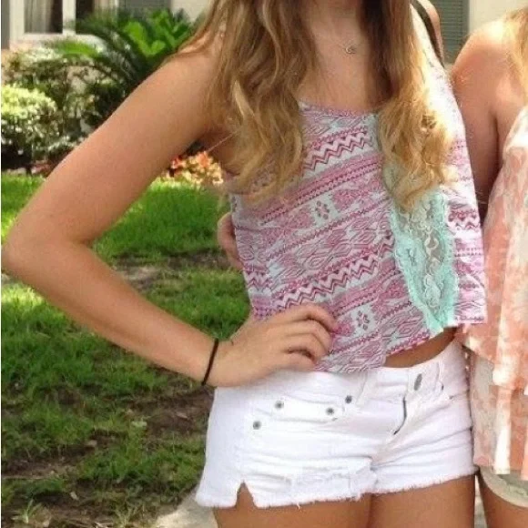 Geometric Lace Accent Camisole Magenta- Pink & Mint light blue crop top tank top - Picture 6 of 8